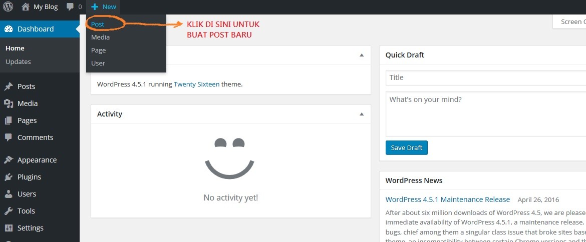 Wordpress Admin - Dashboard - Add New Post