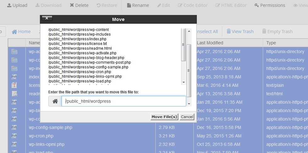 Tampilan File Manager - WordPress Folder - Files Move - Next